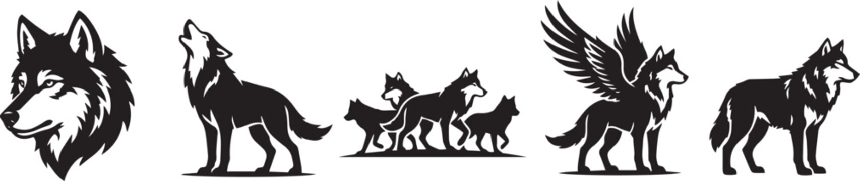 Set of black and white wolf vector illustrations featuring a howling wolf, a pack, a winged wolf, and detailed silhouettes.