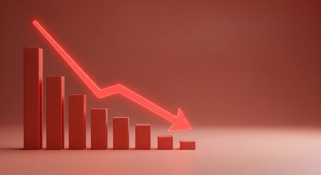 Red bar chart with a glowing neon arrow pointing downwards showing financial loss or economic recession
