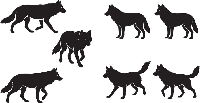 Wolf Silhouette Vector Set with Wild Canines in Various Poses Running Walking and Standing Black Animal Stencils for Nature Graphic Designs