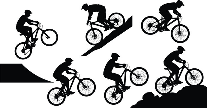 BMX and mountain bike silhouettes, cyclists performing jumps, downhill, ramps, off-road biking, extreme sports, vector illustration