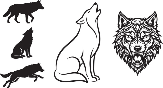Wolf Vector Set with Aggressive Tribal Head Stencil and Minimalist Line Art Howling Wolf Plus Running Silhouettes for Wildlife Graphic Tattoo Designs