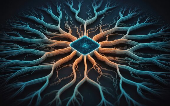 Futuristic glowing neuron cell network with intricate branches radiating from a central core depicting advanced science and neural connectivity