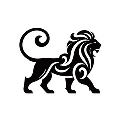 Fototapeta premium A stylized black silhouette of a majestic lion with ornate tribal patterns incorporated into its mane and body.