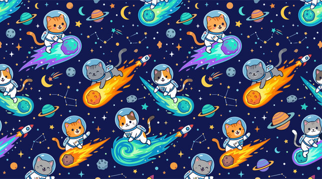 Seamless Pattern of Cute Astronaut Cats Riding Comets and Rockets in Outer Space, Kawaii Cosmic Illustration for Kids Fabric and Wallpaper, AI Generated