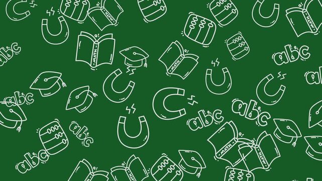 White school doodle icons on a green chalkboard background, perfect for educational designs or backtoschool promotions.
