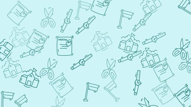 School supplies pattern for educational designs, featuring papers, scissors, flags, watches in a doodle style on a blue background. Suitable for stationary, educational materials, and backtoschool des