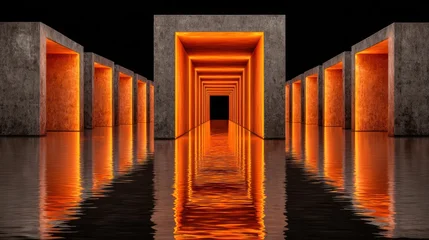 Symmetrical concrete archways glow with intense orange light reflecting across a dark water surface © Jenar