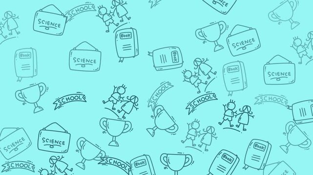 Sleek sciencethemed design with a light blue backdrop featuring envelopes, school trophies, stick figure students, and sketches. Ideal for educational presentations.