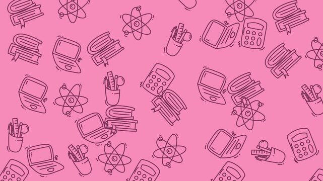 Pink back to school pattern with various stationery items for educational designs. Ideal for school websites, posters, educational presentations.