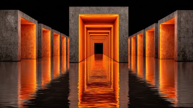 Symmetrical concrete archways glow with intense orange light reflecting across a dark water surface