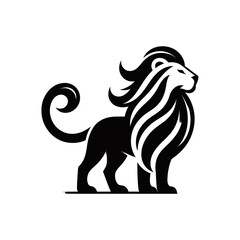 Fototapeta premium Stylized black and white lion logo standing in profile with a flowing mane and curled tail.