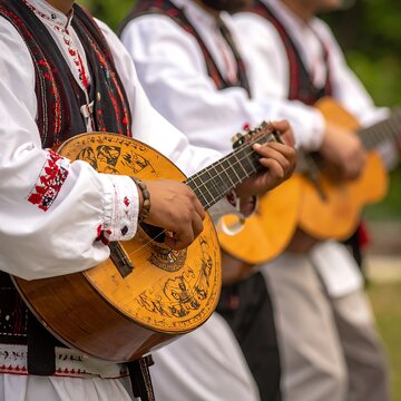 Traditional folk musicians playing mandolins outdoors.