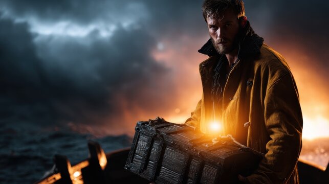 A fearless pirate captain standing on a ship&rsquo;s deck holding a glowing treasure chest