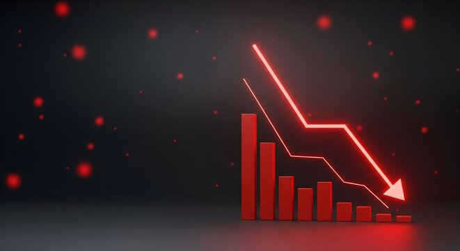 Red glowing financial bar chart with a downward arrow showing stock market decline on a dark background.