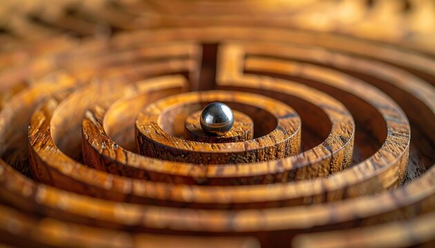 Tiny Silver Sphere Resting at the Center of a Detailed Wooden Labyrinth Maze