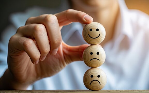 Hand placing a wooden smiley face block on top of two others showing changing emotions and positive transformation concept in a creative way