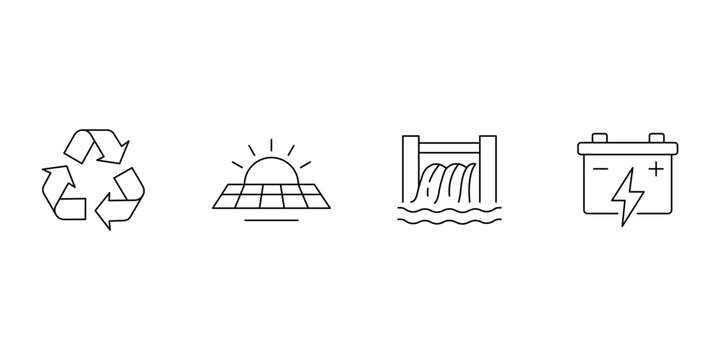 Minimal renewable energy icon set with solar panel and recycling line art vector illustration.