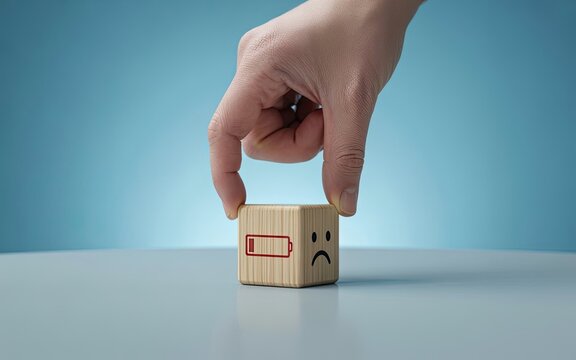 Hand pushing wooden block with sad face and low battery symbol illustrating exhaustion and energy depletion concept