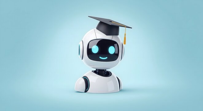 A friendly white robot wearing a black graduation cap against a plain blue background representing artificial intelligence in education.