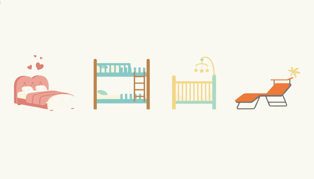 Set of four different bed icons including a double bed with hearts, a bunk bed, a baby crib, and an outdoor lounge chair.