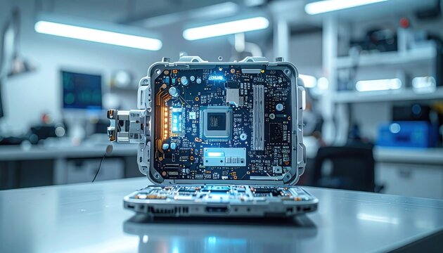 Open Computer Hardware System Showing Intricate Circuit Board with Glowing Components