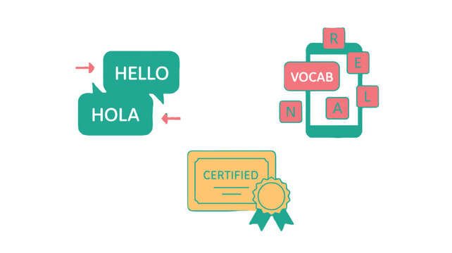 Language learning and education flat icon set with education language learning vocabulary