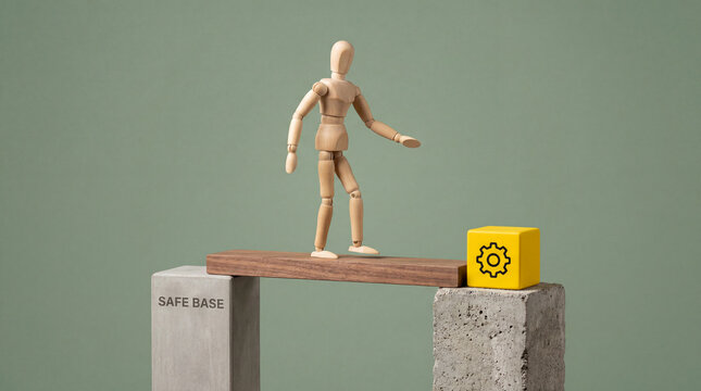 Wooden mannequin balancing on beam over concrete blocks with gear cube