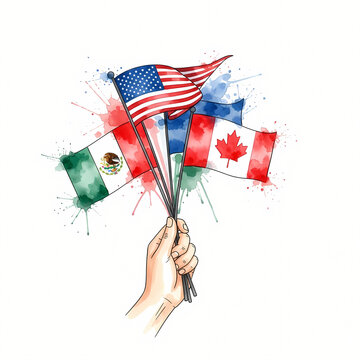 Hand Holding USA Mexico Canada Flags Watercolor North America USMCA Unity