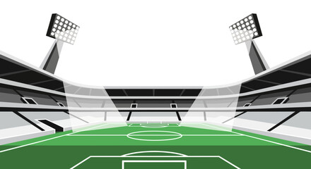 Obraz premium A vibrant illustration of a modern soccer stadium illuminated by bright spotlights, showcasing a lush green field ready for a thrilling match