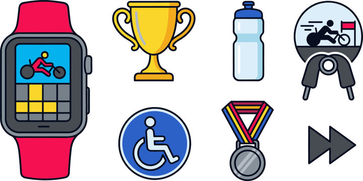 Adaptive Sports and Wheelchair Racing Icon Set Featuring Fitness Smartwatch, Trophy, Water Bottle, Handicap Sign, Winner Medal, and Fast Forward Symbols