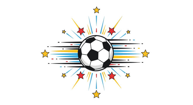 Vibrant Soccer Ball Celebration Graphic with Dynamic Bursting Stars and Speed Lines, an Energetic Emblem of Sports Achievement and Excitement