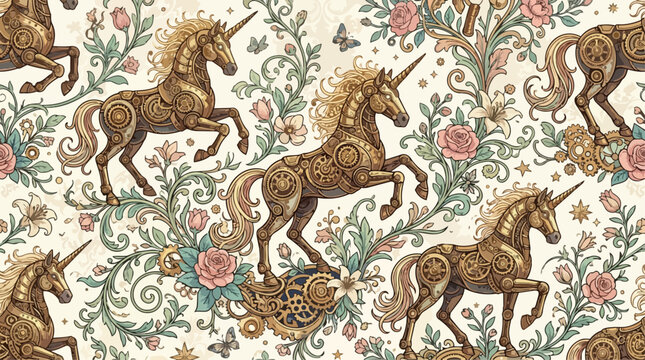 Seamless Vintage Steampunk Pattern Featuring Mechanical Brass Unicorns with Gears and Ornate Floral Vines, Roses, and Lilies on a Cream Background, AI Generated Illustration