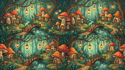 Fototapeta premium Enchanted Mushroom Village Seamless Pattern, Whimsical Fairy Tale Forest with Glowing Lanterns, Toadstool Houses, and Wooden Bridges in a Magical Woodland, AI Generated Illustration