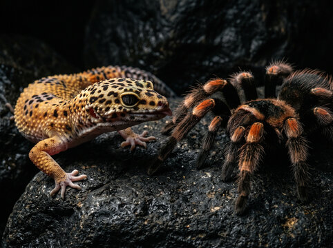 Leopard Gecko and Tarantula on Dark Stone with Dramatic Chiaroscuro Lighting.
