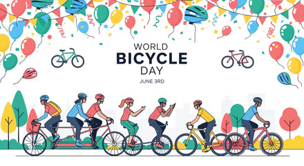Fototapeta premium Diverse people riding different types of bicycles in a park setting, celebrating world bicycle day with colorful balloons and confetti banner