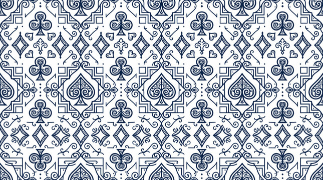 Seamless Pattern with Playing Card Suits and Geometric Ornaments