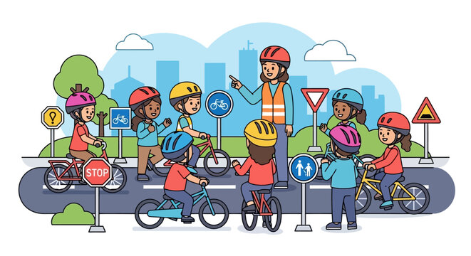 Children learning bicycle safety rules with a traffic instructor and road signs