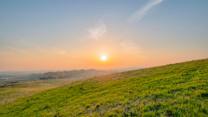 Scenic landscape of a bright golden sun setting down in the center over expansive green pastures of Seosan cattle ranch. © odadol