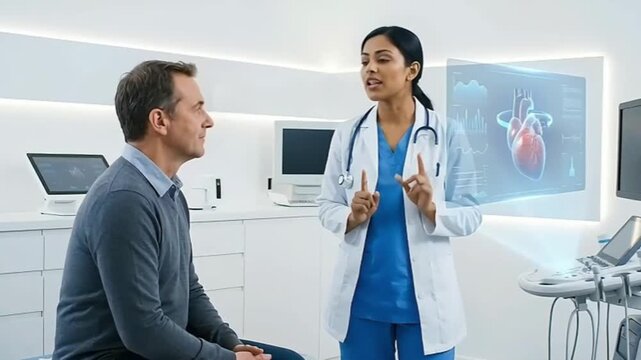 Doctor explaining heart health with holographic display to patient