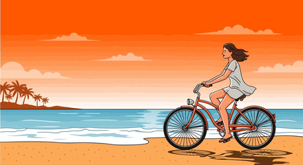 Fototapeta premium Woman riding a bicycle on a sandy beach during a beautiful sunset with palm trees in the distance