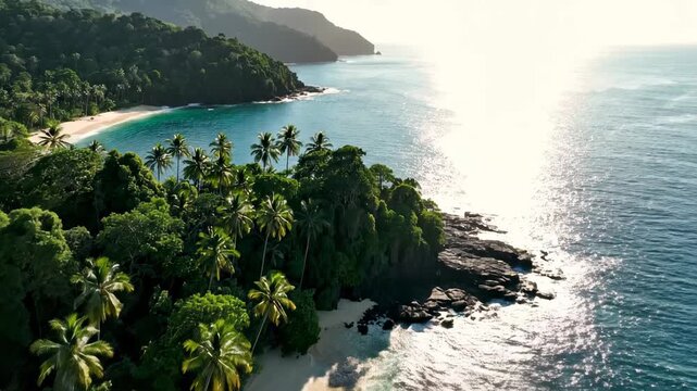 Aerial view of a tropical island beach at sunset with palm trees, white sand, turquoise water, and gentle waves, ideal for vacation and travel themes