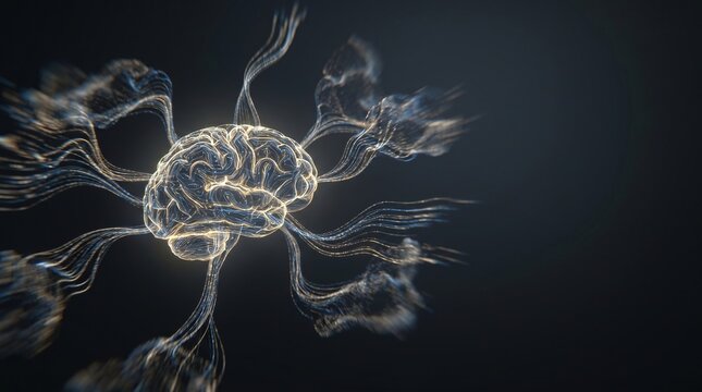 Glowing digital human brain model with flowing light connections against a dark and moody background