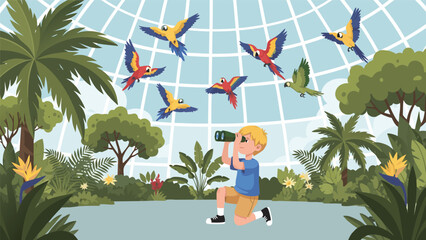 A young boy takes a photo of colorful birds flying over a tropical forest. © Grogolan