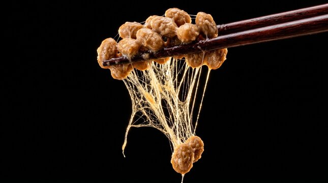 Sticky natto fermented soybeans, white stringy threads stretching