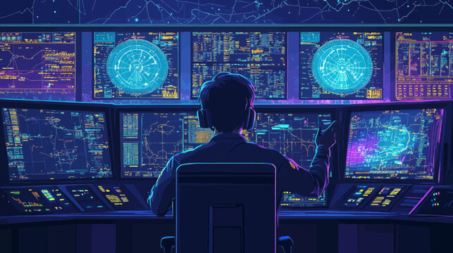 Person monitoring high-tech screens displaying maps and data at night