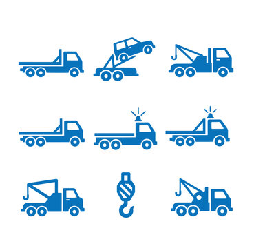 blue icons of various tow trucks and a hook for lifting cars