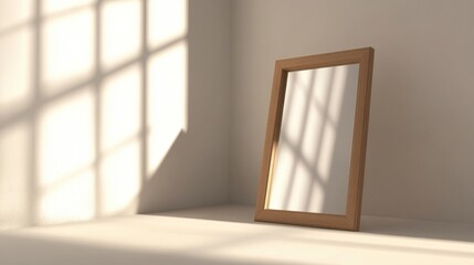 Fototapeta premium A Wooden Framed Mirror Casting Soft Shadows in a Minimalist Room
