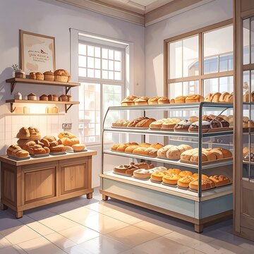 Bakery interior with bread display shelves.