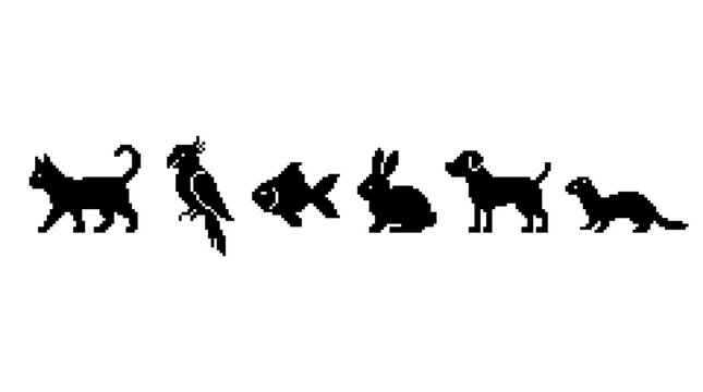 Black silhouettes of various pets walking.pixel art