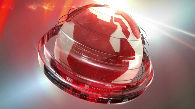 Abstract Red Digital Globe Rotation with Global News Broadcast Background